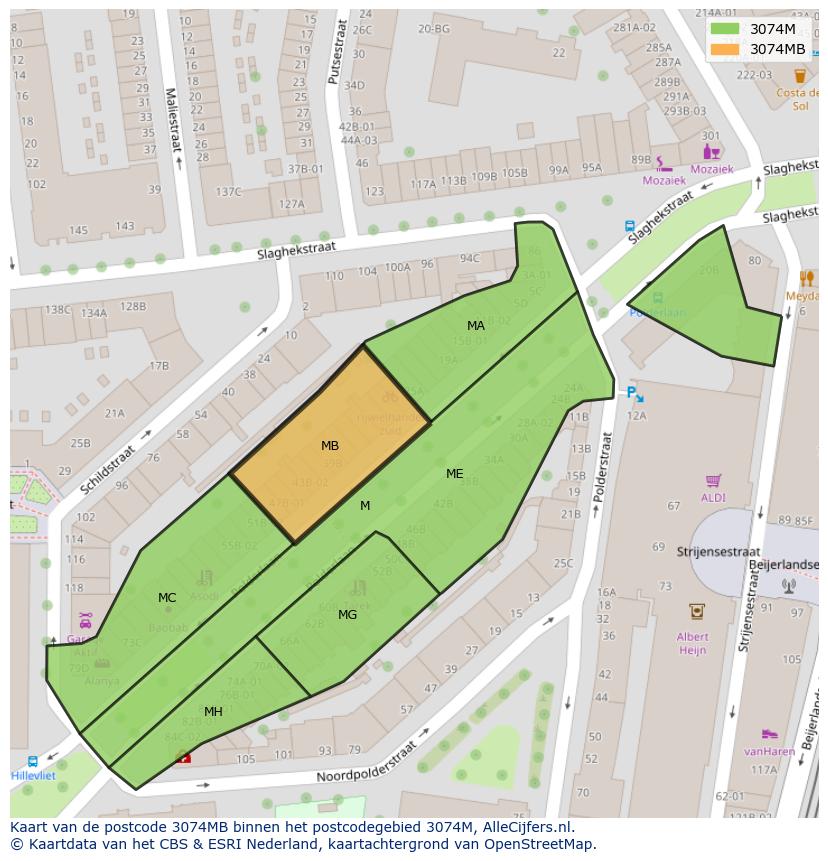 Afbeelding van het postcodegebied 3074 MB op de kaart.