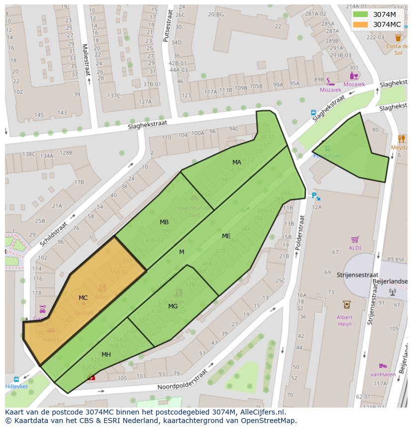 Afbeelding van het postcodegebied 3074 MC op de kaart.