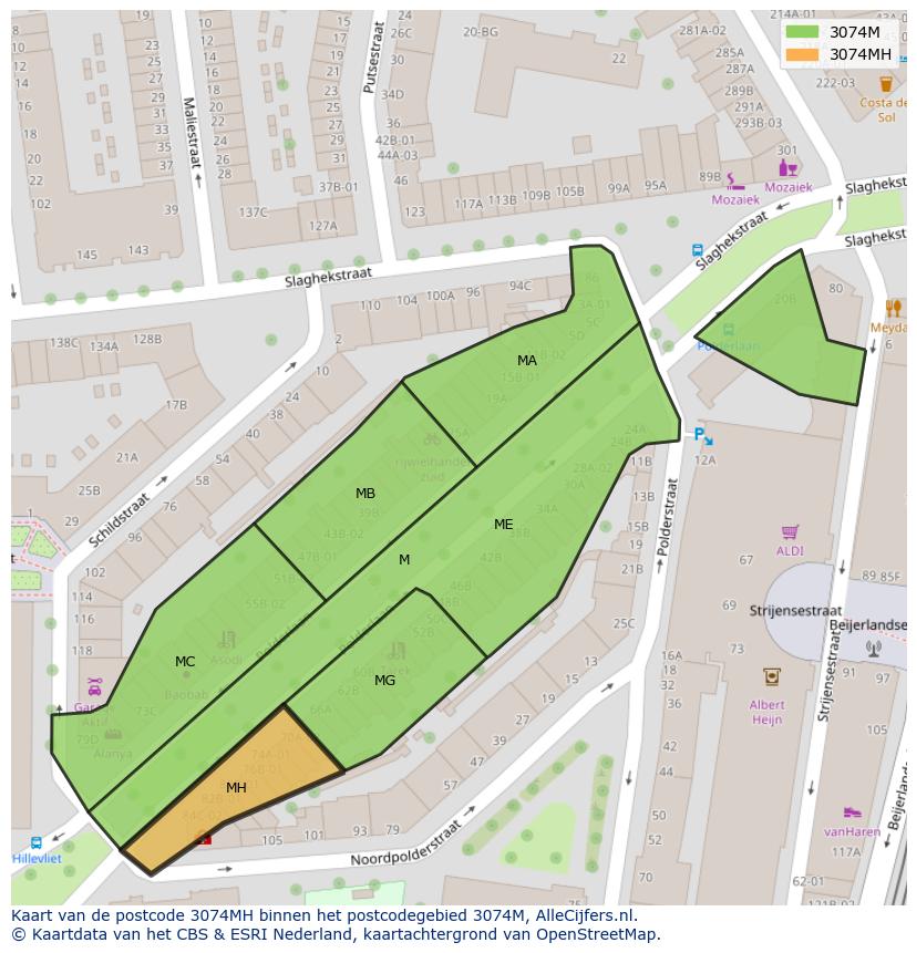 Afbeelding van het postcodegebied 3074 MH op de kaart.