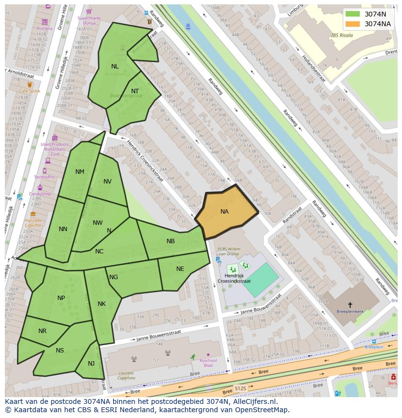 Afbeelding van het postcodegebied 3074 NA op de kaart.