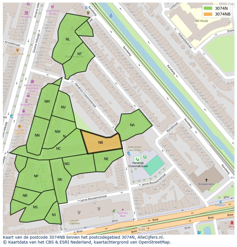 Afbeelding van het postcodegebied 3074 NB op de kaart.