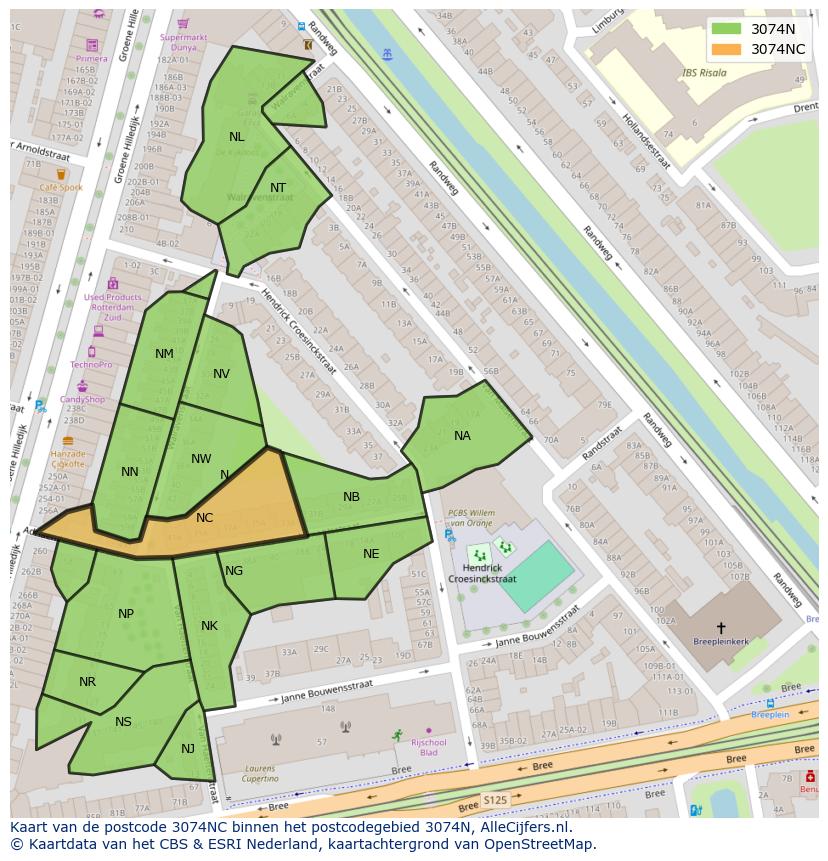 Afbeelding van het postcodegebied 3074 NC op de kaart.