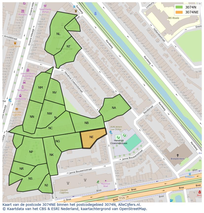 Afbeelding van het postcodegebied 3074 NE op de kaart.