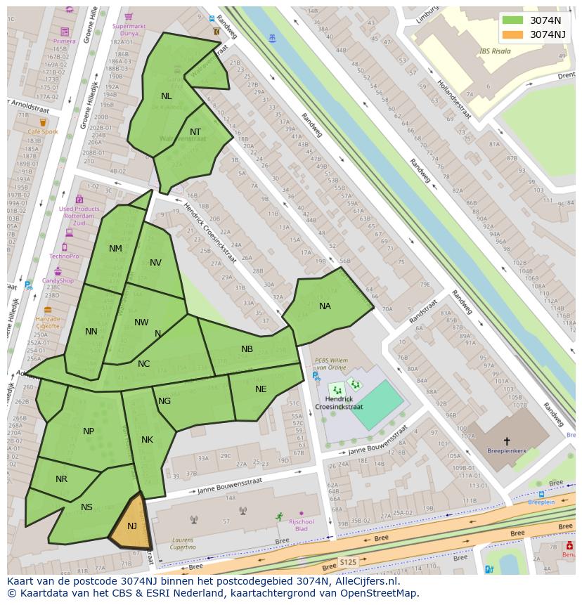Afbeelding van het postcodegebied 3074 NJ op de kaart.