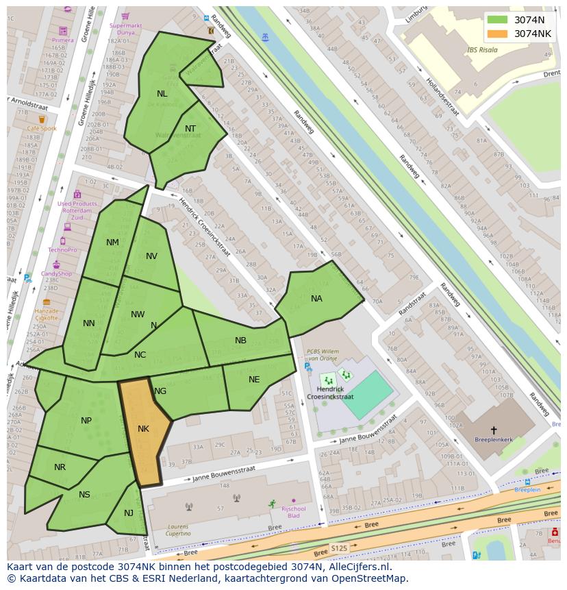 Afbeelding van het postcodegebied 3074 NK op de kaart.