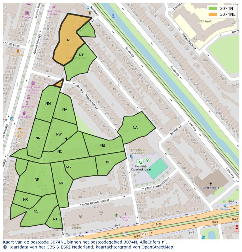 Afbeelding van het postcodegebied 3074 NL op de kaart.