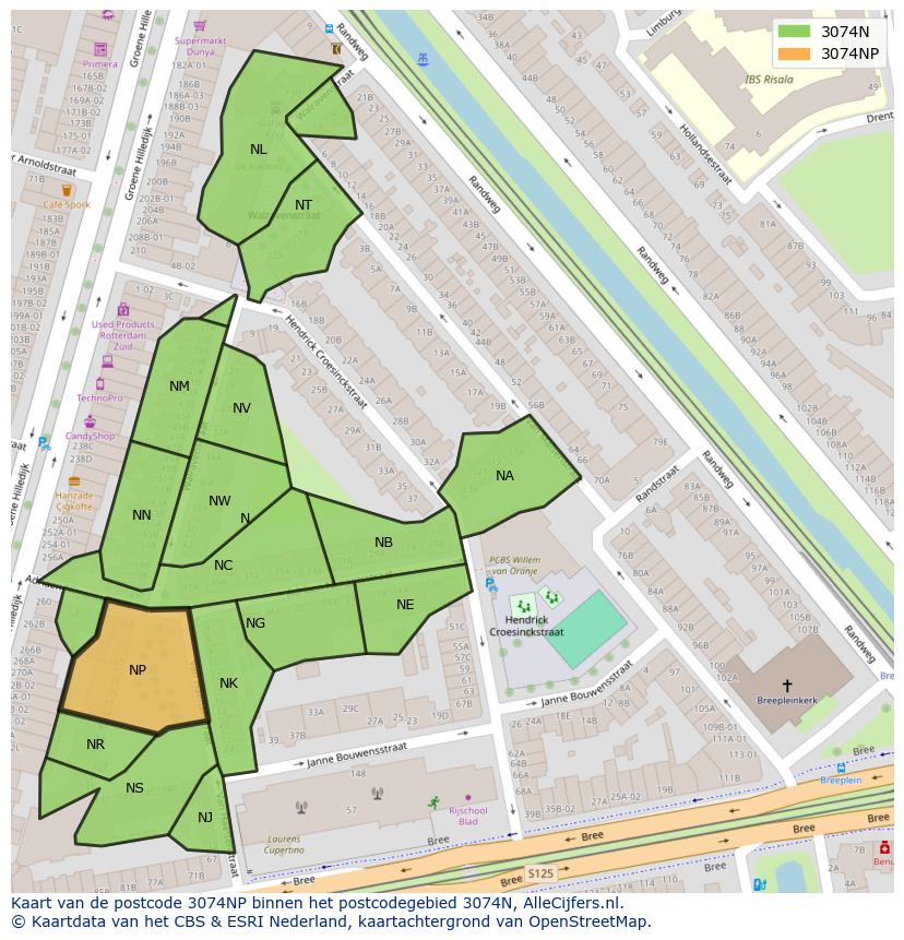 Afbeelding van het postcodegebied 3074 NP op de kaart.