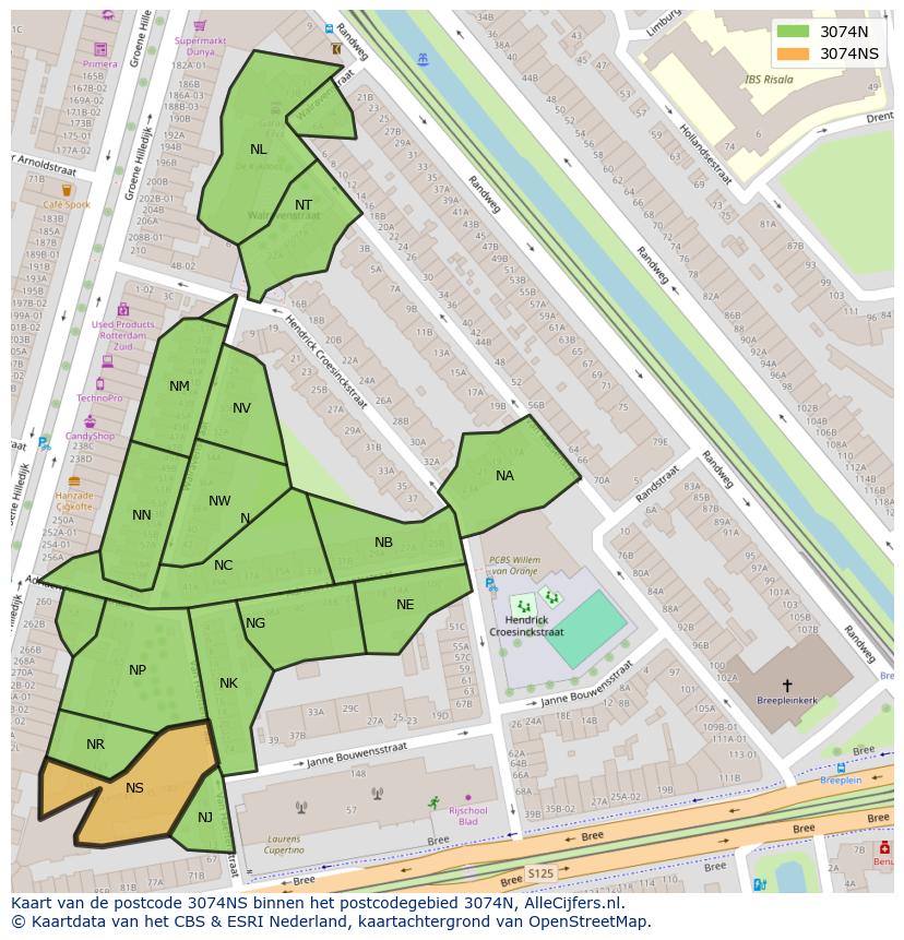 Afbeelding van het postcodegebied 3074 NS op de kaart.