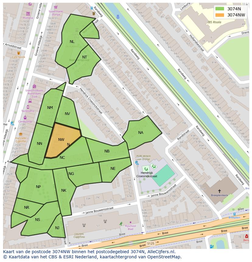 Afbeelding van het postcodegebied 3074 NW op de kaart.