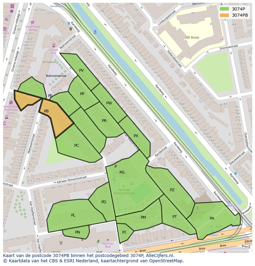 Afbeelding van het postcodegebied 3074 PB op de kaart.