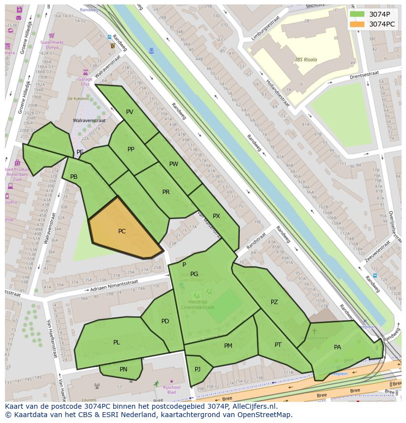Afbeelding van het postcodegebied 3074 PC op de kaart.