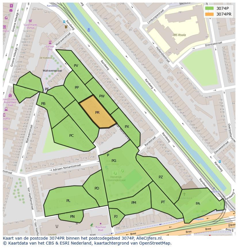 Afbeelding van het postcodegebied 3074 PR op de kaart.