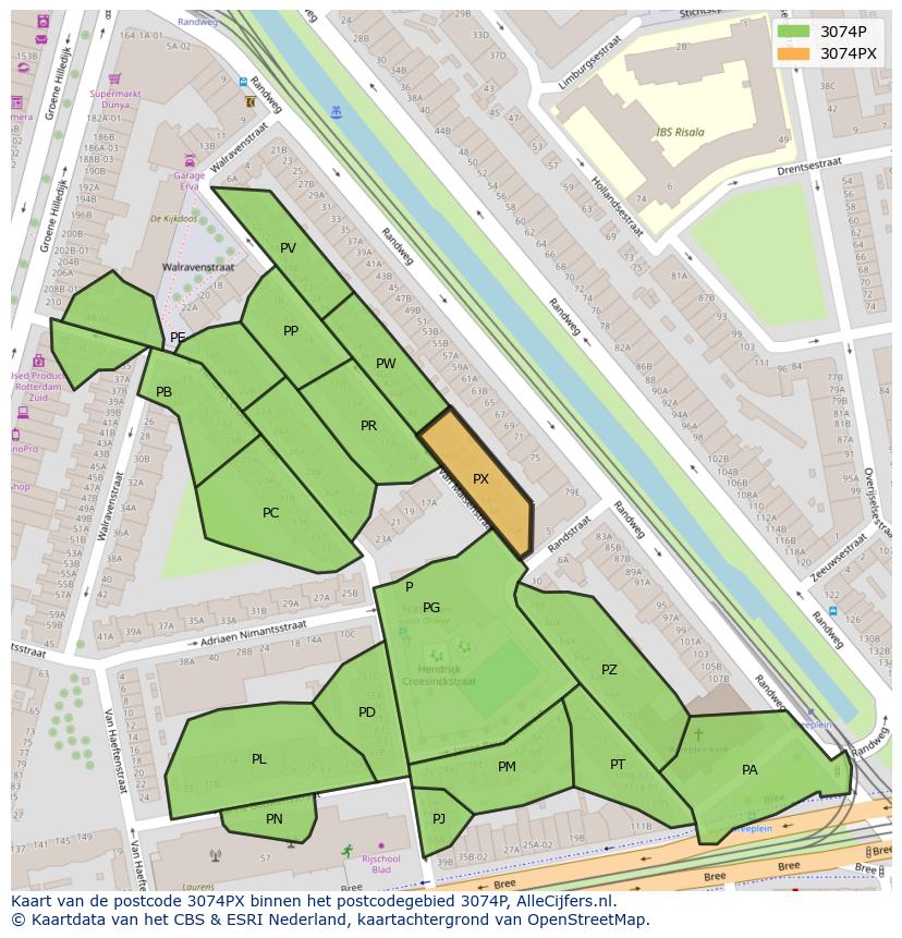 Afbeelding van het postcodegebied 3074 PX op de kaart.