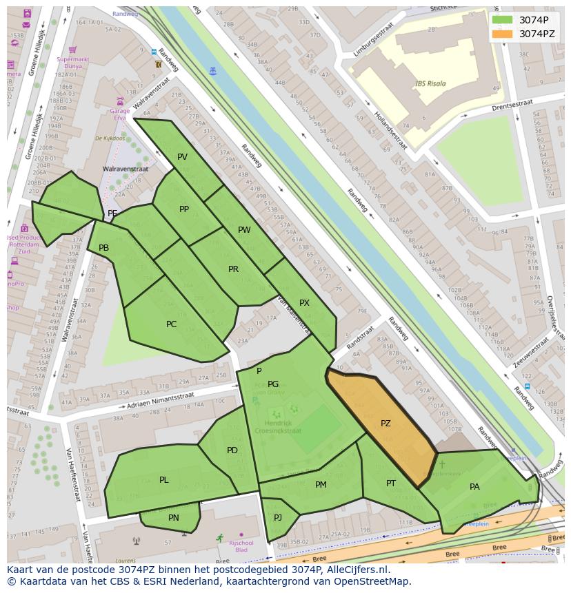 Afbeelding van het postcodegebied 3074 PZ op de kaart.