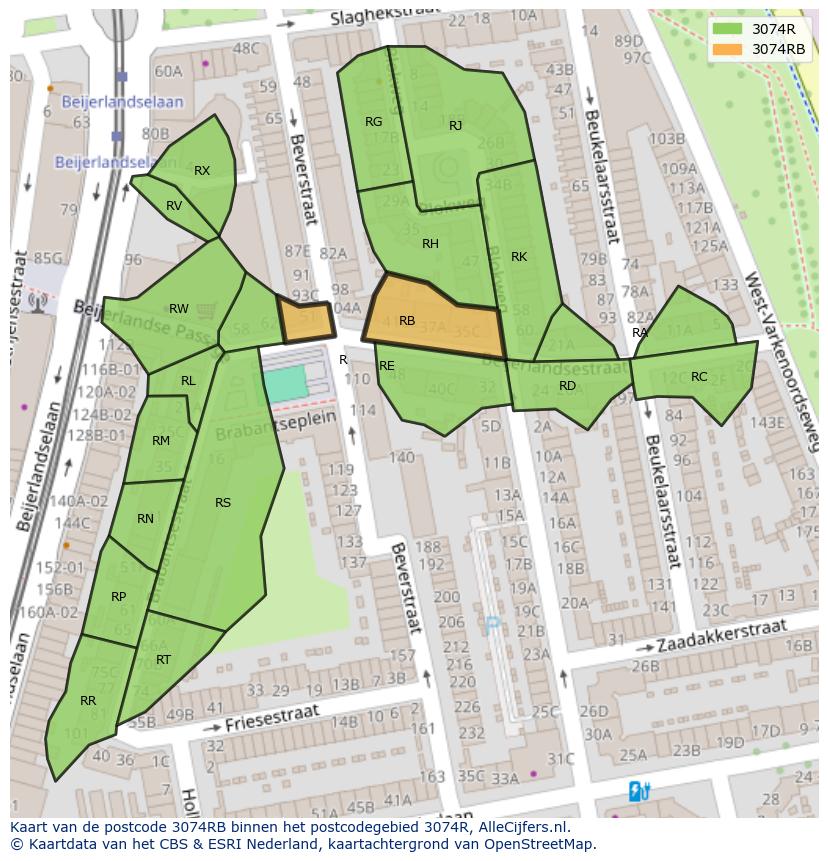 Afbeelding van het postcodegebied 3074 RB op de kaart.