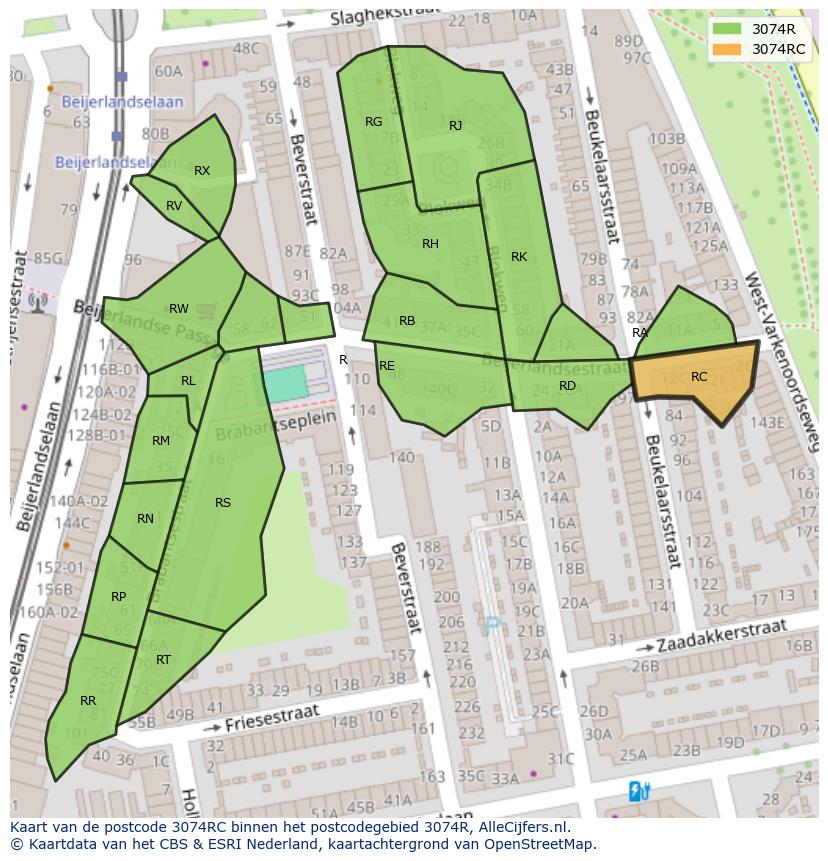 Afbeelding van het postcodegebied 3074 RC op de kaart.