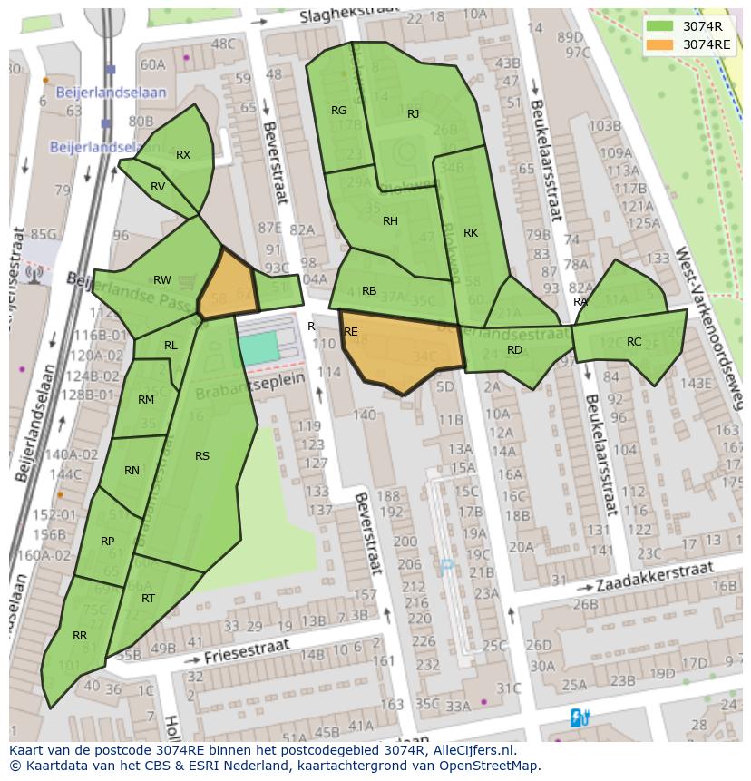 Afbeelding van het postcodegebied 3074 RE op de kaart.