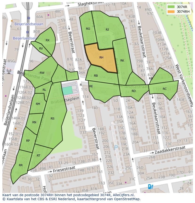 Afbeelding van het postcodegebied 3074 RH op de kaart.