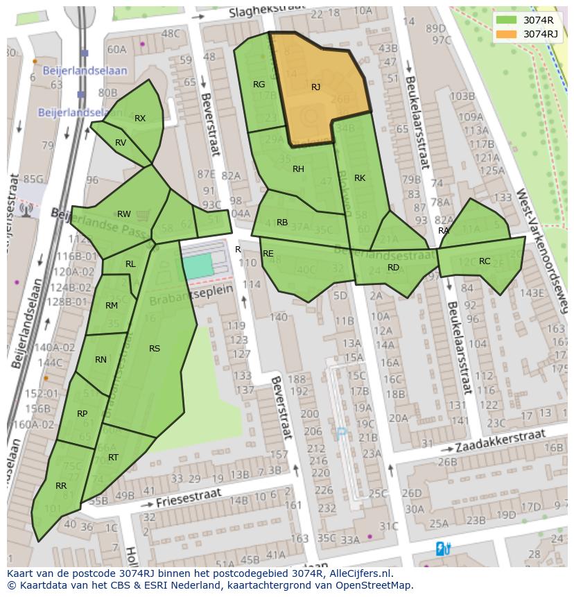 Afbeelding van het postcodegebied 3074 RJ op de kaart.