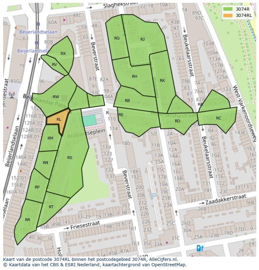 Afbeelding van het postcodegebied 3074 RL op de kaart.