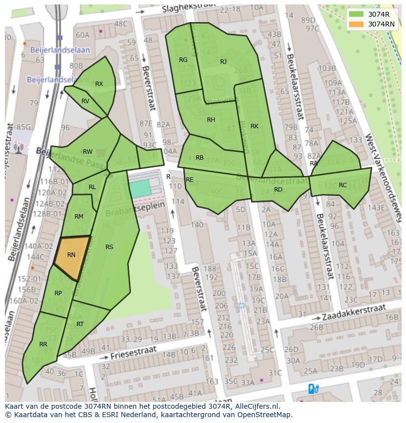 Afbeelding van het postcodegebied 3074 RN op de kaart.