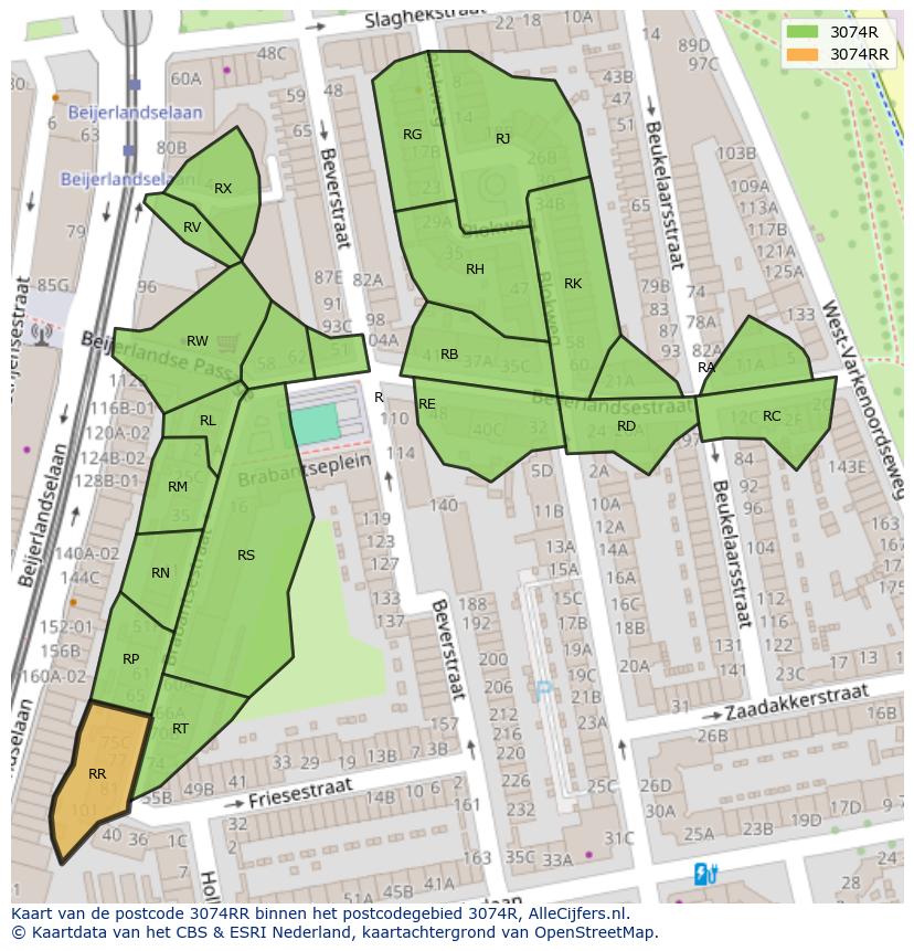 Afbeelding van het postcodegebied 3074 RR op de kaart.