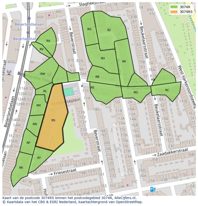 Afbeelding van het postcodegebied 3074 RS op de kaart.