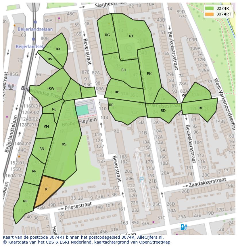 Afbeelding van het postcodegebied 3074 RT op de kaart.