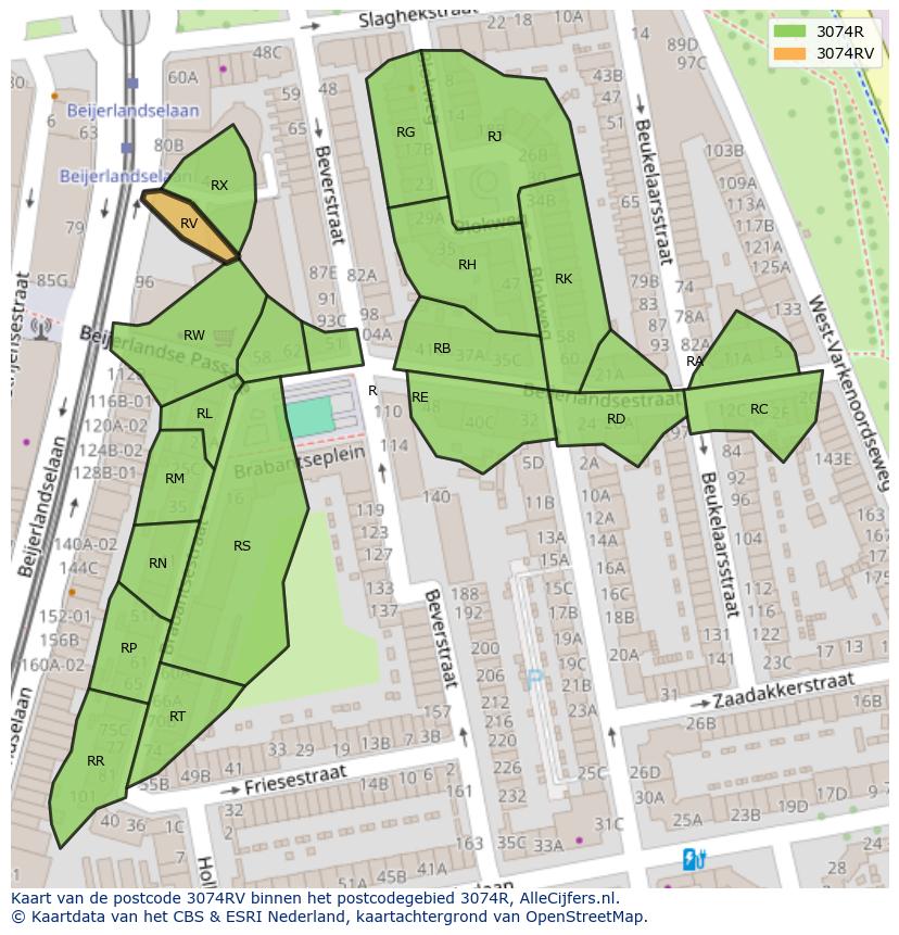 Afbeelding van het postcodegebied 3074 RV op de kaart.