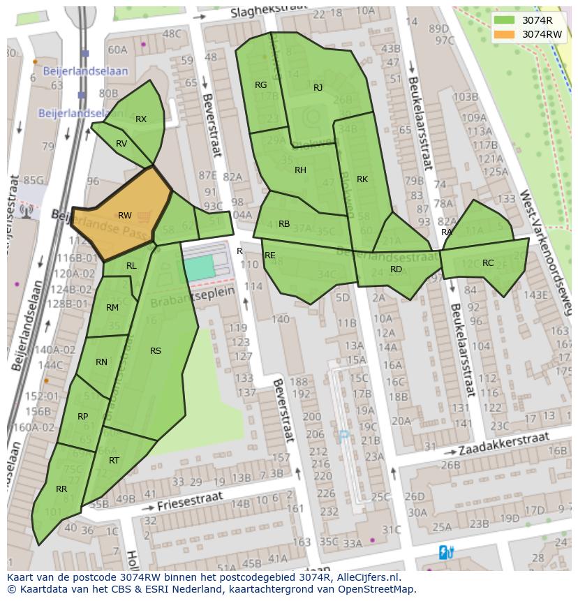 Afbeelding van het postcodegebied 3074 RW op de kaart.