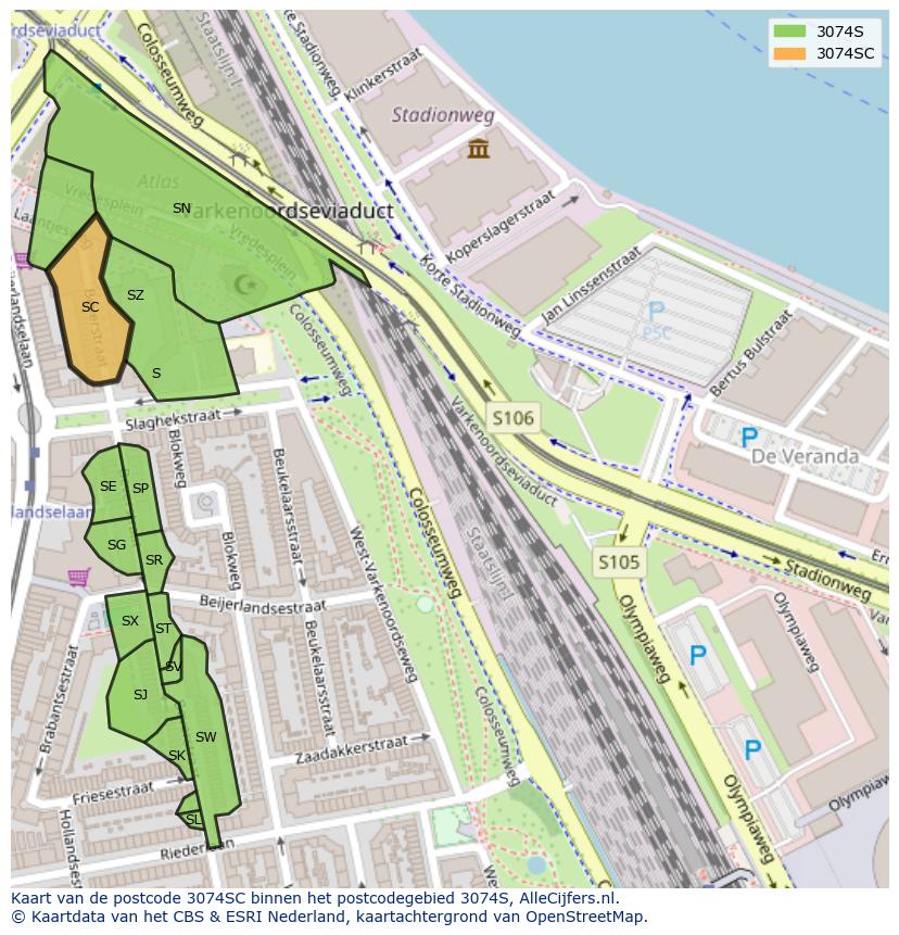 Afbeelding van het postcodegebied 3074 SC op de kaart.