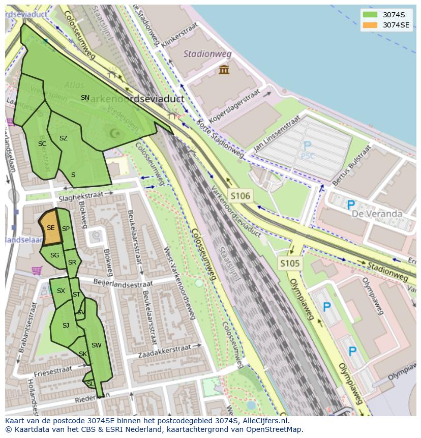 Afbeelding van het postcodegebied 3074 SE op de kaart.