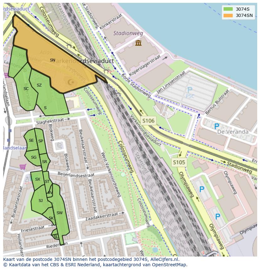 Afbeelding van het postcodegebied 3074 SN op de kaart.