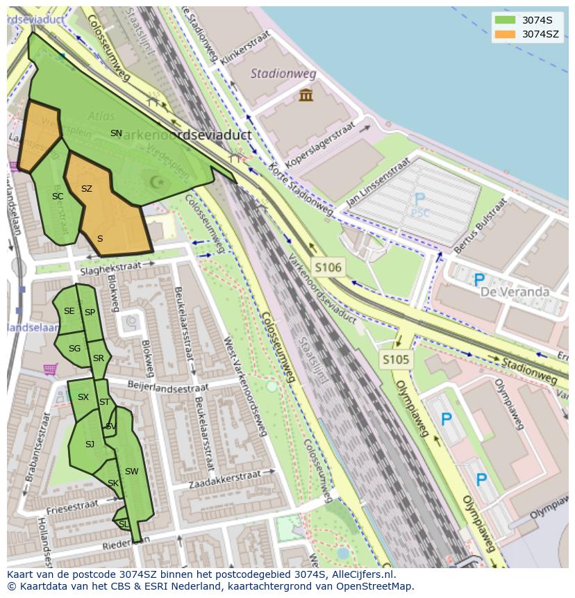 Afbeelding van het postcodegebied 3074 SZ op de kaart.