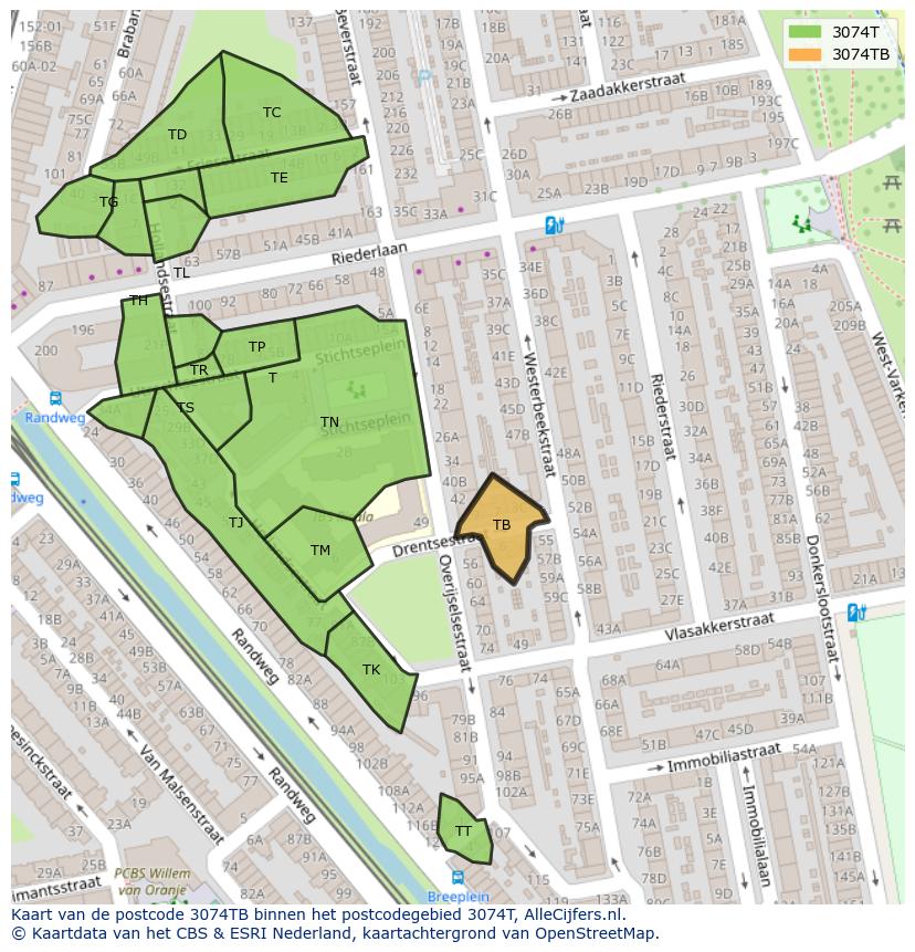 Afbeelding van het postcodegebied 3074 TB op de kaart.