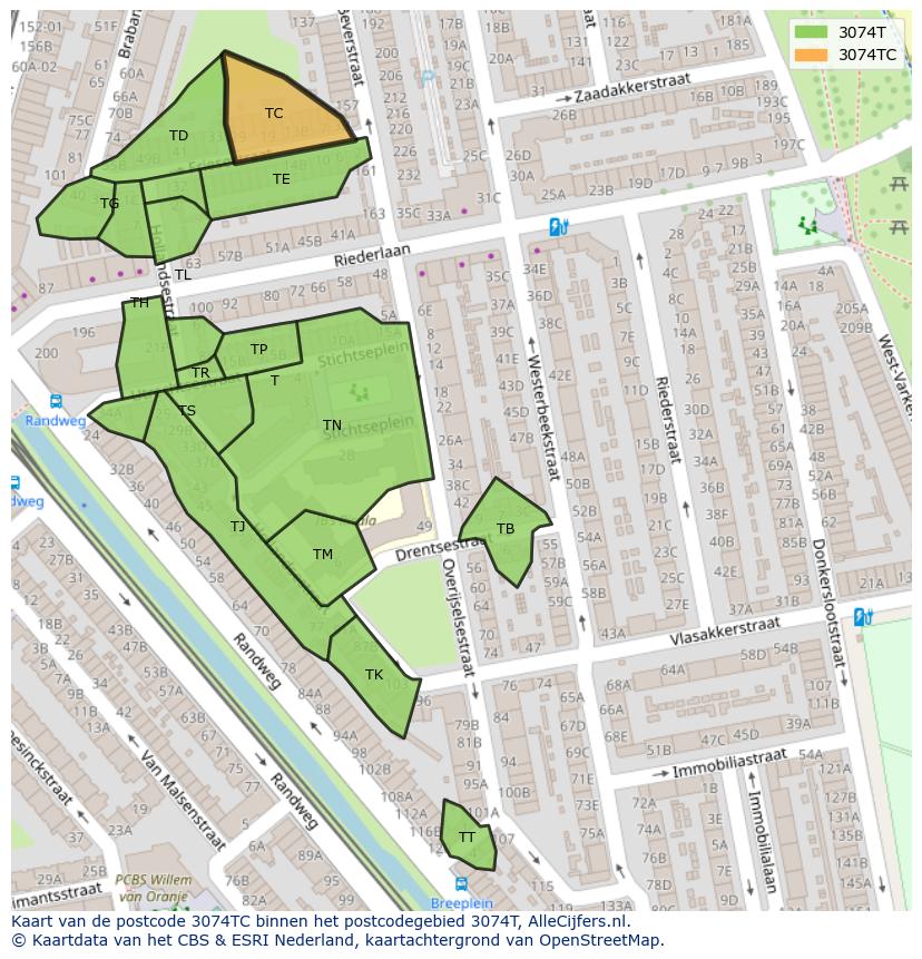 Afbeelding van het postcodegebied 3074 TC op de kaart.