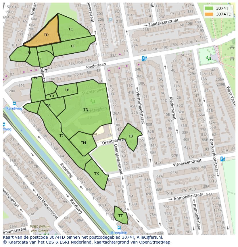 Afbeelding van het postcodegebied 3074 TD op de kaart.