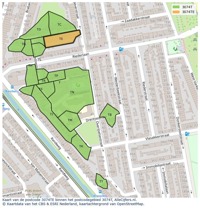 Afbeelding van het postcodegebied 3074 TE op de kaart.