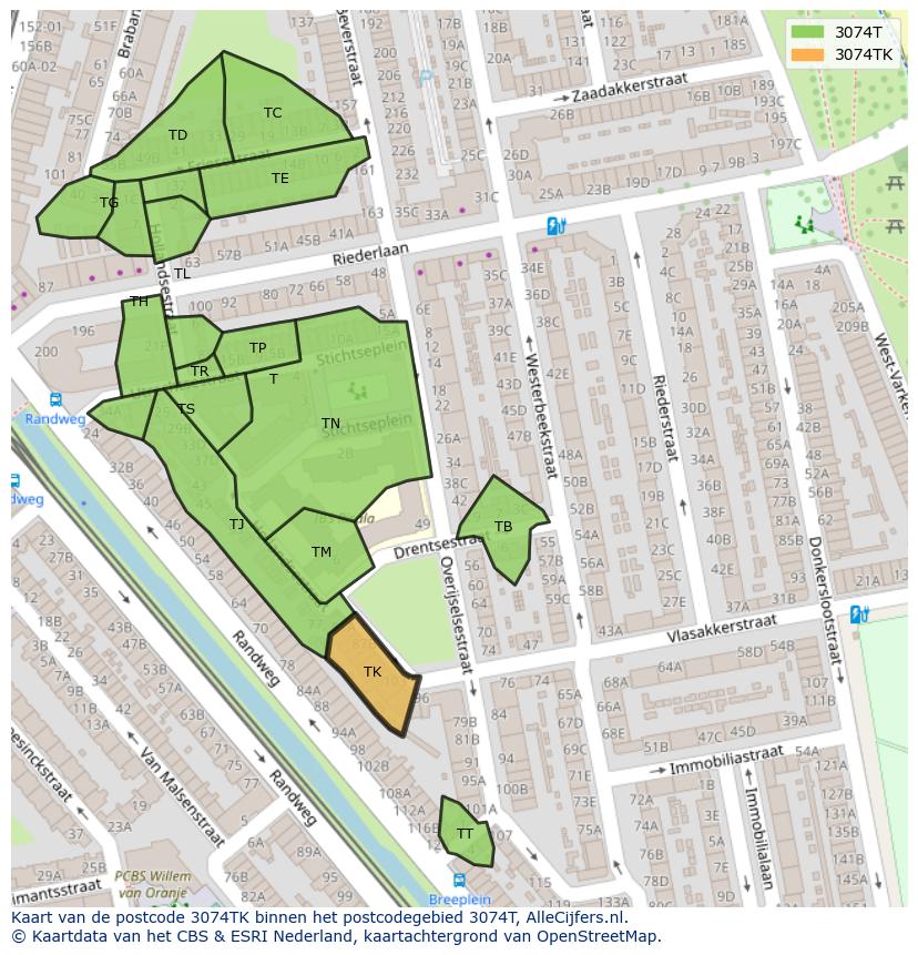 Afbeelding van het postcodegebied 3074 TK op de kaart.