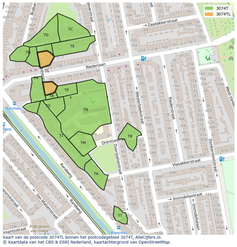 Afbeelding van het postcodegebied 3074 TL op de kaart.