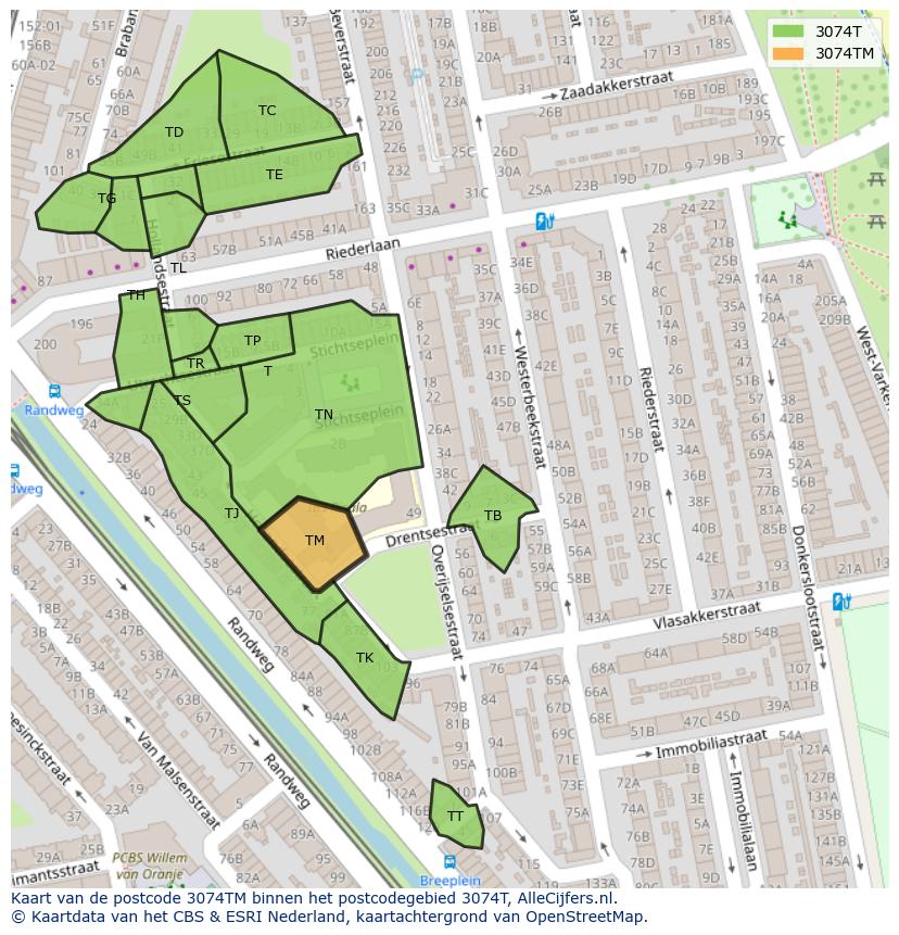 Afbeelding van het postcodegebied 3074 TM op de kaart.