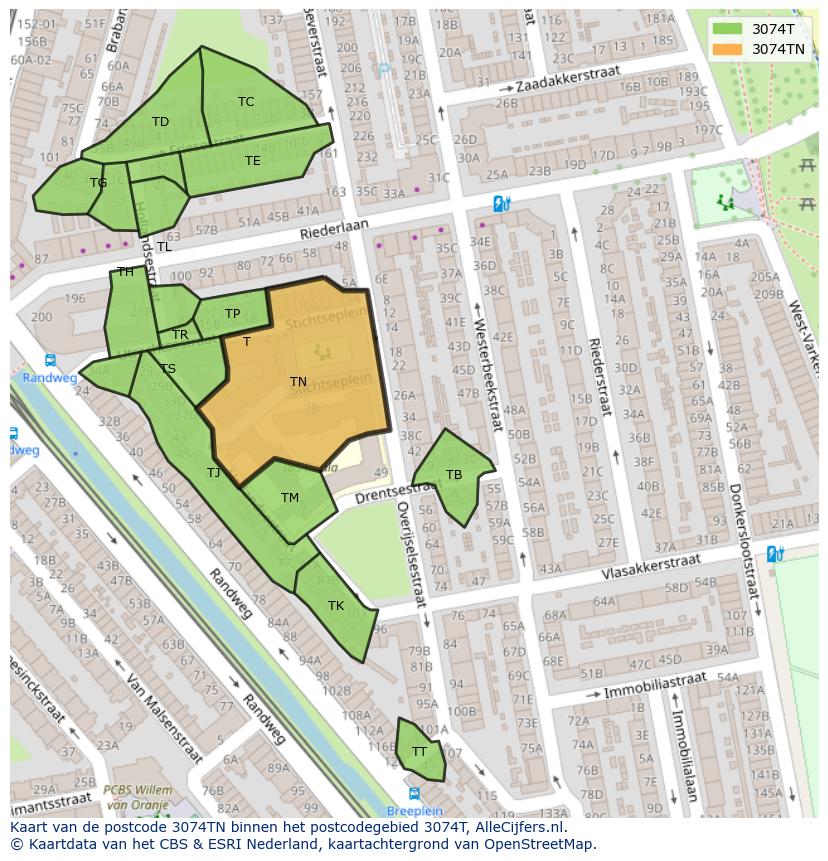Afbeelding van het postcodegebied 3074 TN op de kaart.