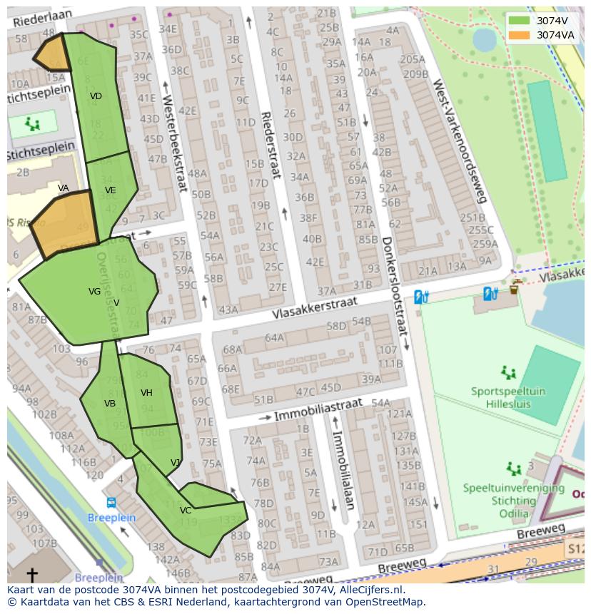 Afbeelding van het postcodegebied 3074 VA op de kaart.
