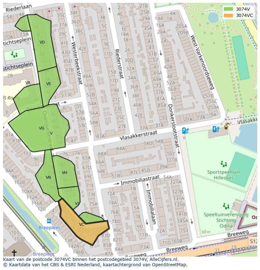 Afbeelding van het postcodegebied 3074 VC op de kaart.