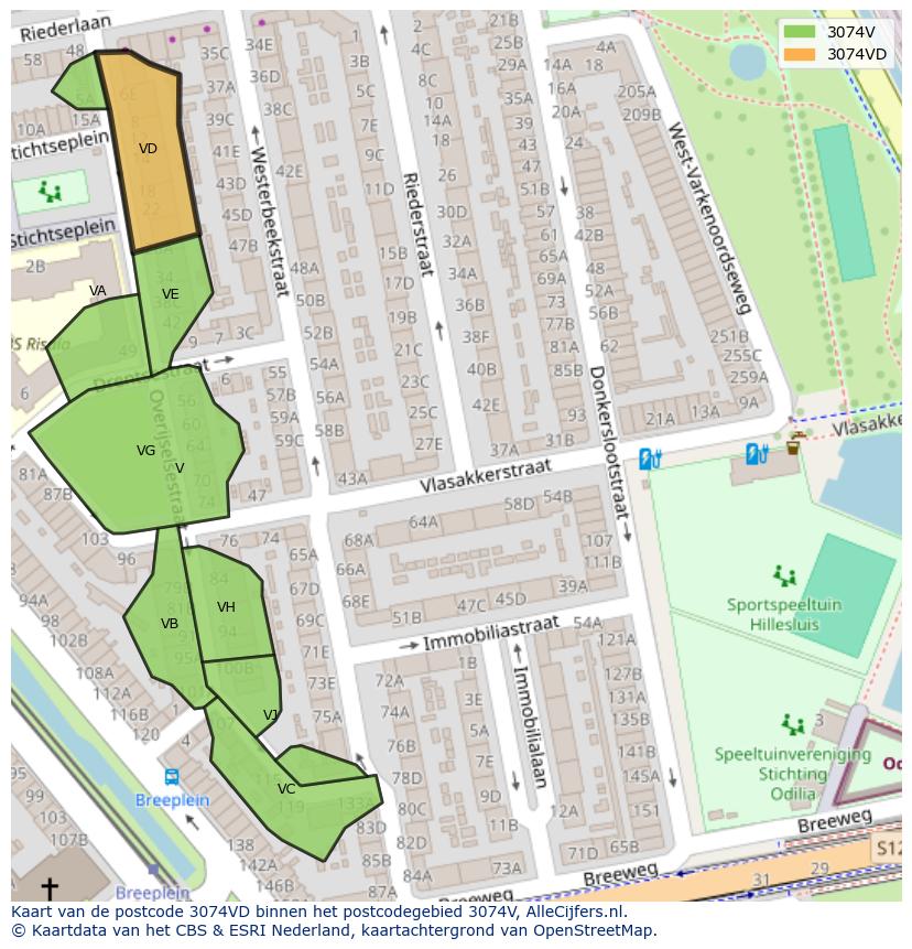 Afbeelding van het postcodegebied 3074 VD op de kaart.