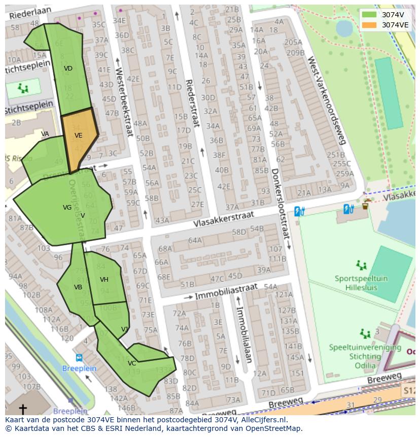 Afbeelding van het postcodegebied 3074 VE op de kaart.