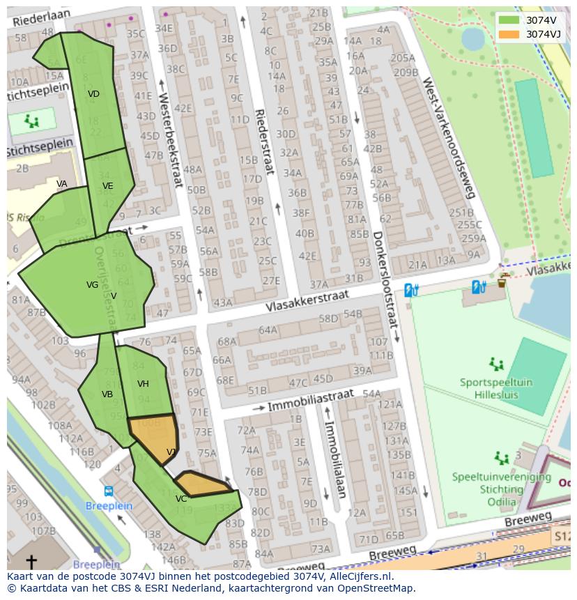Afbeelding van het postcodegebied 3074 VJ op de kaart.
