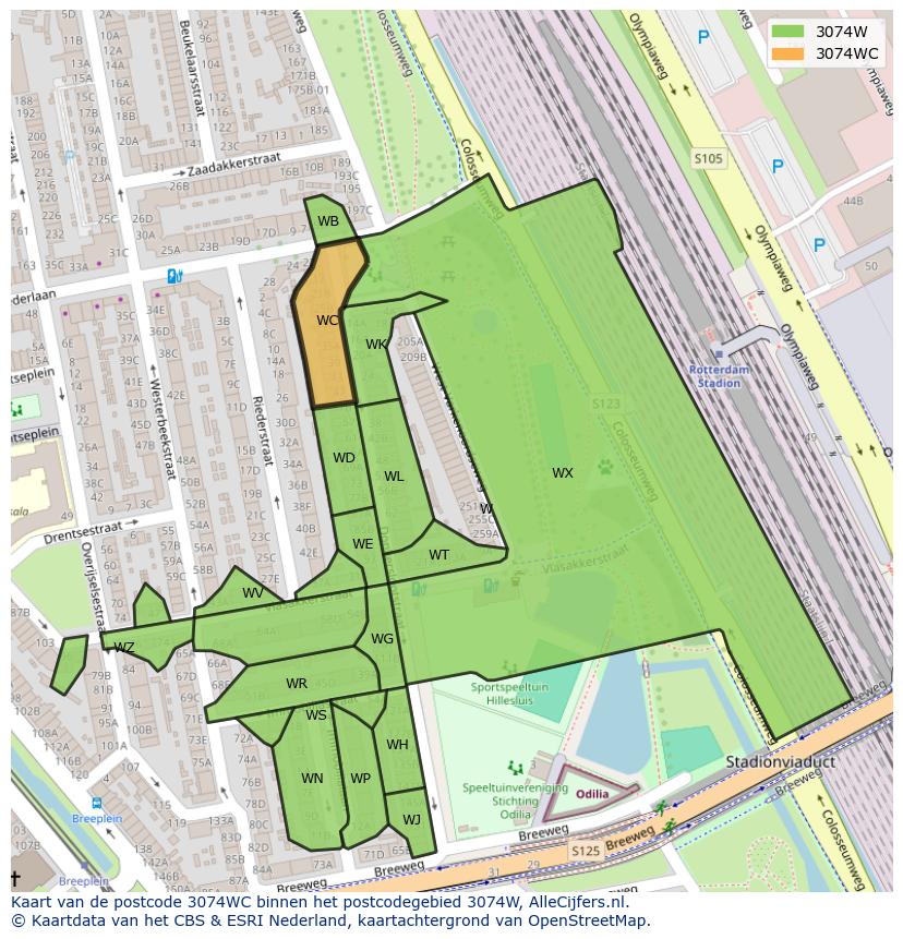 Afbeelding van het postcodegebied 3074 WC op de kaart.