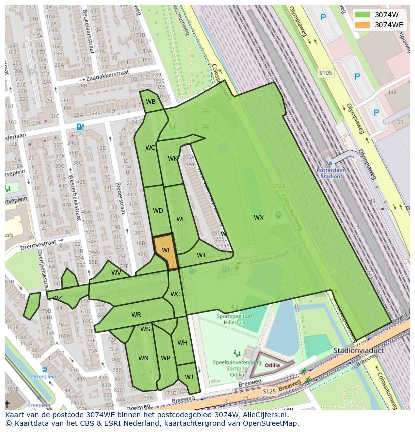 Afbeelding van het postcodegebied 3074 WE op de kaart.