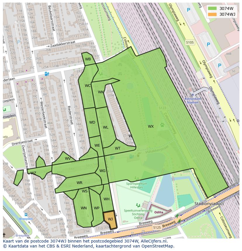 Afbeelding van het postcodegebied 3074 WJ op de kaart.